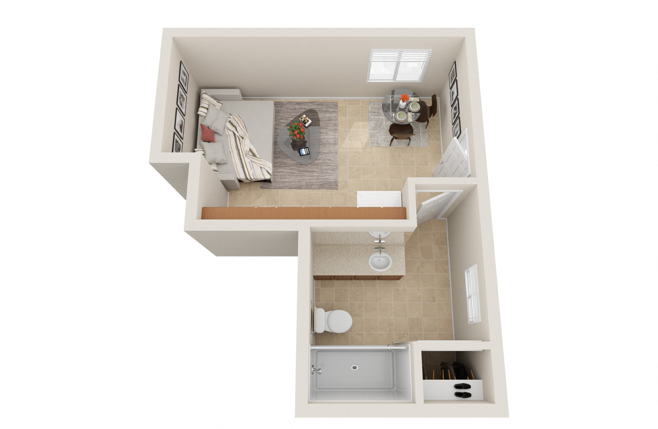 Studio floor plan with living room, kitchen and large bathroom  at Pacific Sands, California, 92117